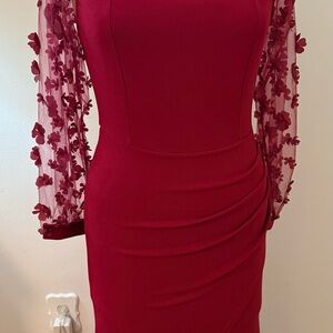 New! Chic Long Sleeve Wine Red Dress with Floral Accents